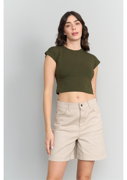 Çetinkaya Fithit 3266 Kadın Bisiklet Yaka Penye Basic Crop T-Shirt Açık Haki