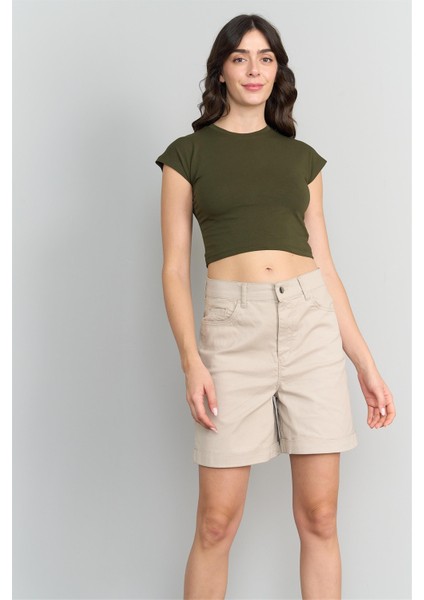 Çetinkaya Fithit 3266 Kadın Bisiklet Yaka Penye Basic Crop T-Shirt Açık Haki