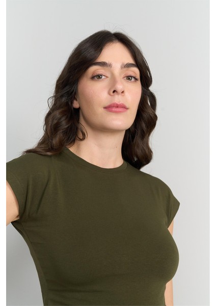 Çetinkaya Fithit 3266 Kadın Bisiklet Yaka Penye Basic Crop T-Shirt Açık Haki
