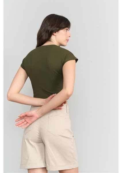 Çetinkaya Fithit 3266 Kadın Bisiklet Yaka Penye Basic Crop T-Shirt Açık Haki