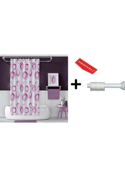 Banyo Duş Perdesi 4954 Pembe 110X200 Perde Borusu Askı Aparatı 90X130