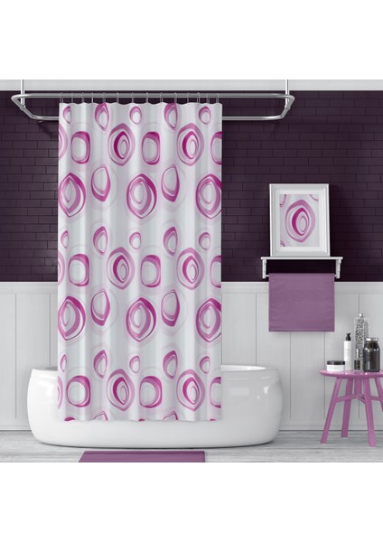 Banyo Duş Perdesi 4954 Pembe 110X200 Perde Borusu Askı Aparatı 90X130