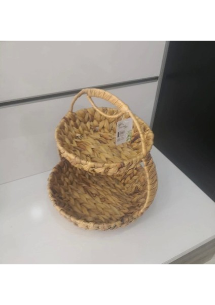 Dekoratif Hasır Kulplu Yuvarlak 2 Katlı Sunum Sepet