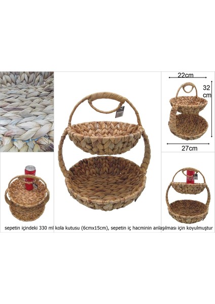Dekoratif Hasır Kulplu Yuvarlak 2 Katlı Sunum Sepet fiyatları