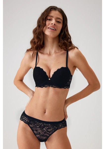 Siyah 4735 Milan Push Up Dolgulu Dantelli Iç Çamaşır Takımı