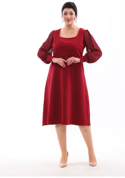 Abiye Kare Yaka Esnek Şifon Kol Şık Midi Büyük Beden Abiye Elbise 3087