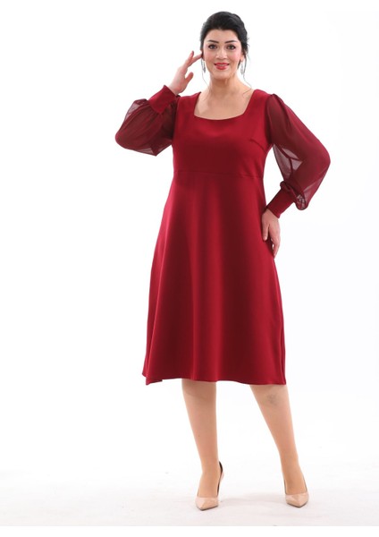 Abiye Kare Yaka Esnek Şifon Kol Şık Midi Büyük Beden Abiye Elbise 3087 fiyatları