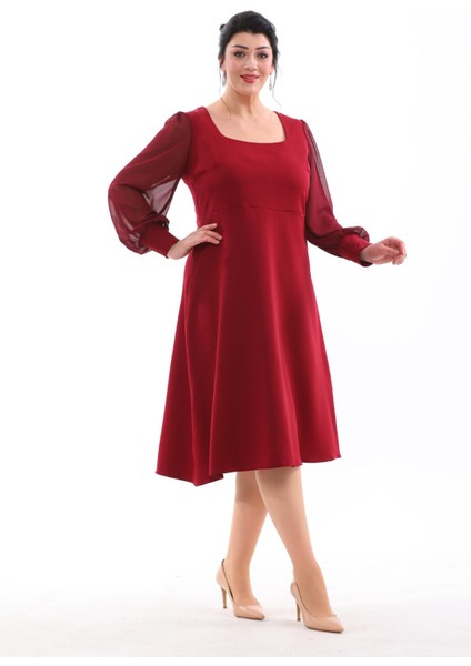 Abiye Kare Yaka Esnek Şifon Kol Şık Midi Büyük Beden Abiye Elbise 3087 modelleri