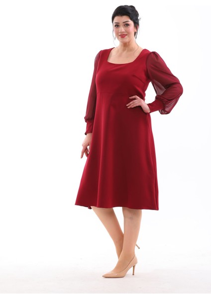 Abiye Kare Yaka Esnek Şifon Kol Şık Midi Büyük Beden Abiye Elbise 3087 fırsatları