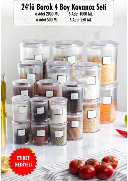24'lü Barok Yuvarlak 4 Boy Kavanoz Seti & Saklama Kabı & Erzak Kabı (6*2000 Ml, 6*1000 Ml, 6*500 Ml, 6*250 Ml)