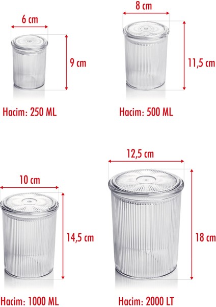 24'lü Barok Yuvarlak 4 Boy Kavanoz Seti & Saklama Kabı & Erzak Kabı (6*2000 Ml, 6*1000 Ml, 6*500 Ml, 6*250 Ml)