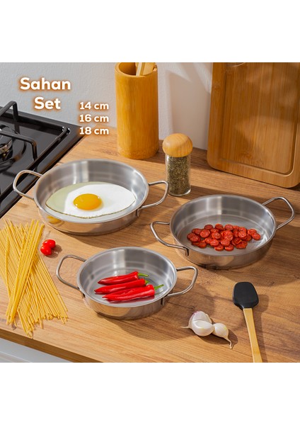 3 Lü Paslanmaz Sahan Takımı - Omlet Yumurta Sahan Seti 14-16-18 cm