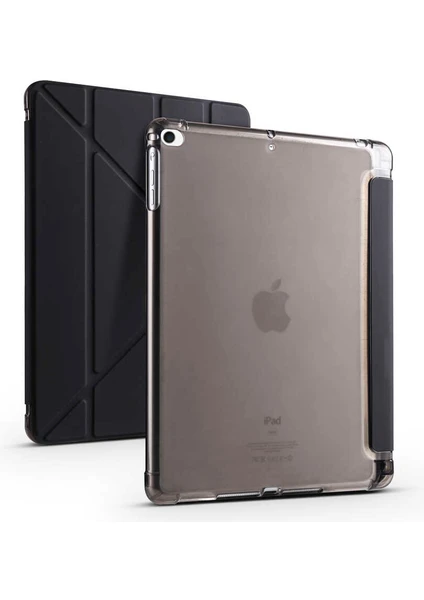 Megafox Teknoloji Apple iPad 9.7 2018 (6.nesil) Uyumlu Tablet Kılıfı Tri Folding Kalem Bölmeli Kılıf, Siyah