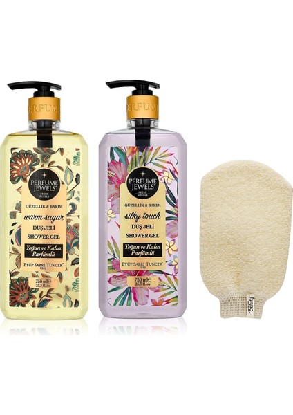 Glutensiz Warm Sugar ve Silky Touch Duş Jelleri 750 ml 2 Adet+Banyo Kesesi Hediye,