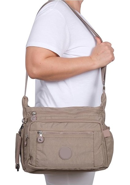 213 Klinkır Kaliteli Kumaş Bayan Çapraz Omuz Çantası Vizon