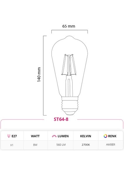 LED Lamp 8W ST64 Rustik LED Ampul ST64-8 10'lu Paket