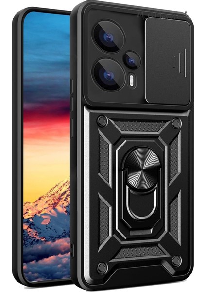 Xiaomi Poco F5 Kılıf Kamera Korumalı Sürgülü Yüzüklü Standlı Armor Military Tank Kızaklı Silikon Kapak