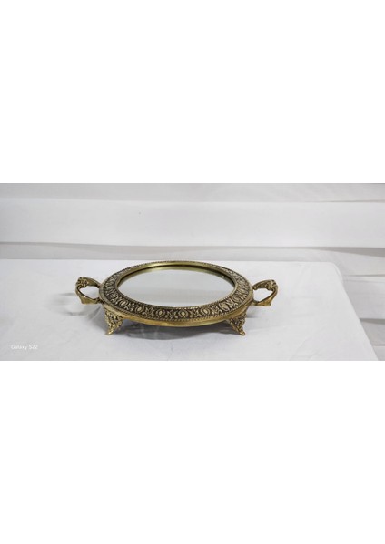 Pirinç Ayna Yuvarlak Kulplu Çiçek Tepsi 28CM.