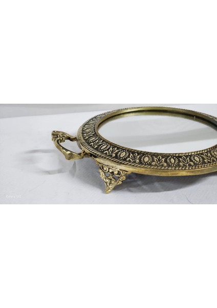 Pirinç Ayna Yuvarlak Kulplu Çiçek Tepsi 28CM. fiyatları
