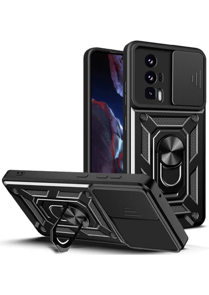 M.tk moveteck Xiaomi Poco F5 Pro Kılıf Kamera Korumalı Sürgülü Yüzüklü Standlı Armor Military Tank Kızaklı Silikon Kapak