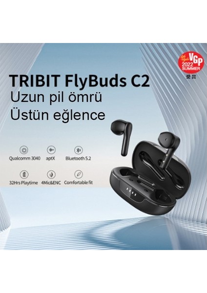 FlyBuds Siyah C2 Güçlü Stereo Ses Qualcomm QCC3040Kablosuz 5.2 Bluetooth Kulak İçi Kulaklık