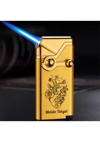 Kişiye Özel Isimli Siyah Gazlı Rüzgar Geçirmez Çakmak Gold Kalp Çiçek Tasarımlı