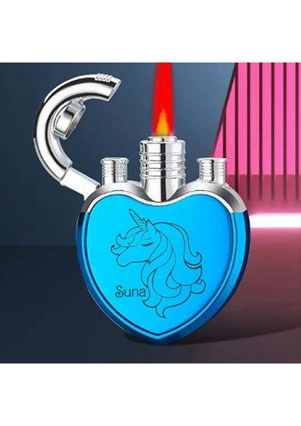 Kalp Şeklinde Kişiye Özel Isimli Çakmak Metal Turbo Çakmak Unicorn Tasarımlı