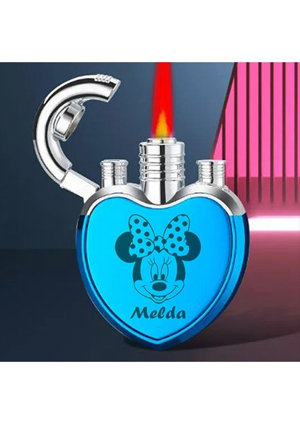 Kalp Şeklinde Kişiye Özel Isimli Çakmak Metal Turbo Mickey Mouse Minnie Tasarımlı