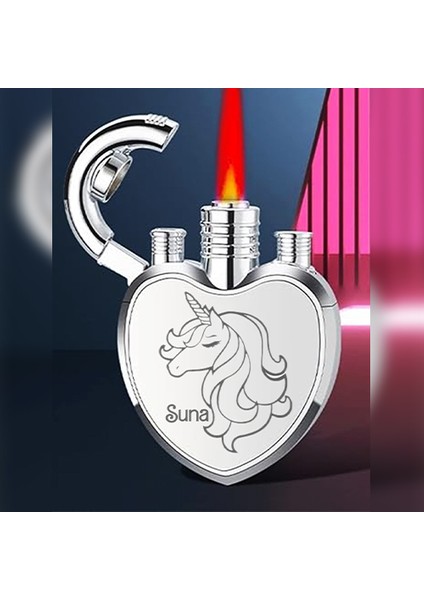 Kalp Şeklinde Kişiye Özel Isimli Çakmak Metal Turbo Alev Unicorn Tasarımlı