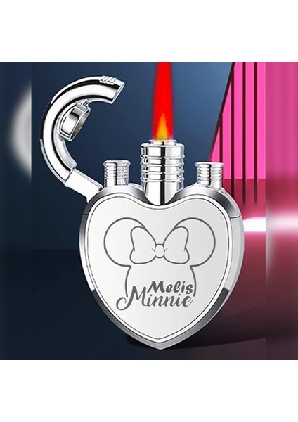 Kalp Şeklinde Kişiye Özel Isimli Çakmak Metal Turbo Mickey Mouse Minnie Tasarımlı