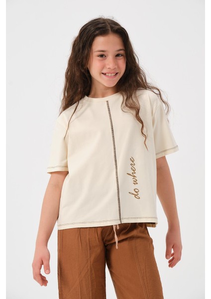 Genç Kız Çocuk Ön ve Arka Yazı Baskılı T-Shirt
