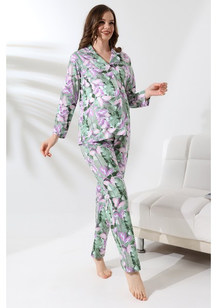 Penye Önden Düğmeli Hamile Lohusa Uzun Kol Pijama Takımı fırsatları