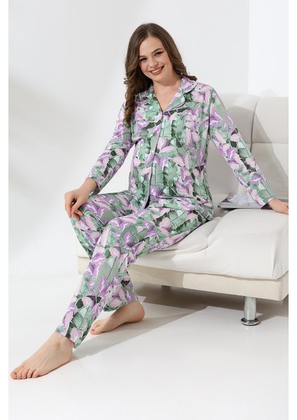 Penye Önden Düğmeli Hamile Lohusa Uzun Kol Pijama Takımı