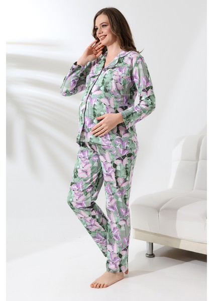 Penye Önden Düğmeli Hamile Lohusa Uzun Kol Pijama Takımı modelleri