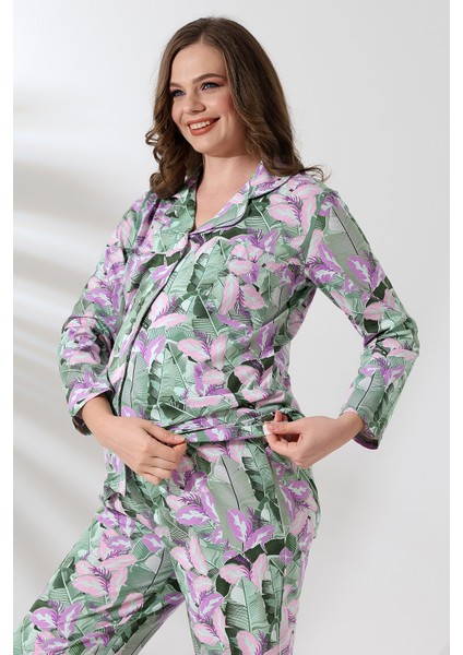 Penye Önden Düğmeli Hamile Lohusa Uzun Kol Pijama Takımı indirimleri