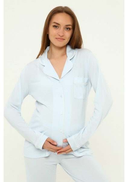 Penye Önden Düğmeli Hamile Lohusa Uzun Kol Pijama Takımı fiyatları