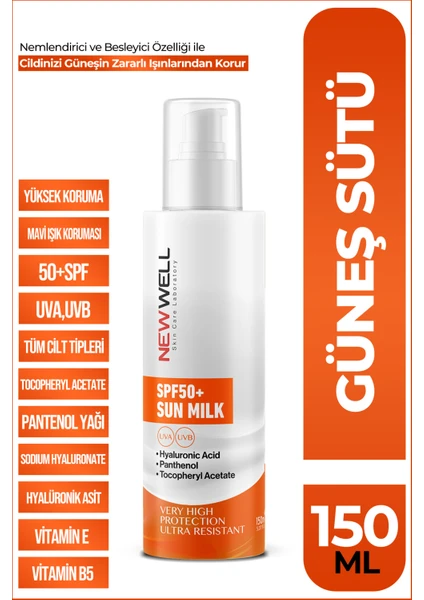 New Well Güneş Sütü Yüksek Koruma SPF50+,HYALURONIC Acid 150 ml