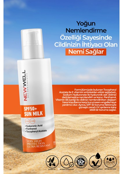 New Well Güneş Sütü Yüksek Koruma SPF50+,HYALURONIC Acid 150 ml