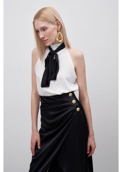 Kontrast Fularlı Kolsuz Bluz - Ekru modelleri