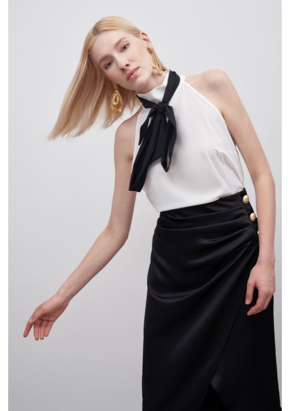 Kontrast Fularlı Kolsuz Bluz - Ekru fırsatları