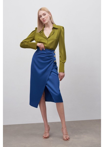 Düğme Aksesuarlı Saten Krep Etek - Indigo