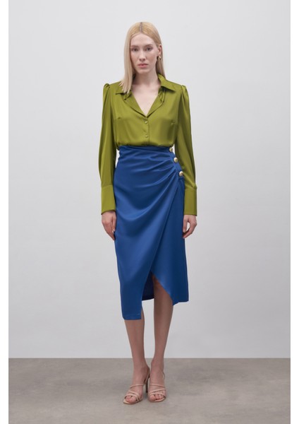 Düğme Aksesuarlı Saten Krep Etek - Indigo fiyatları