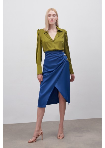 Düğme Aksesuarlı Saten Krep Etek - Indigo modelleri