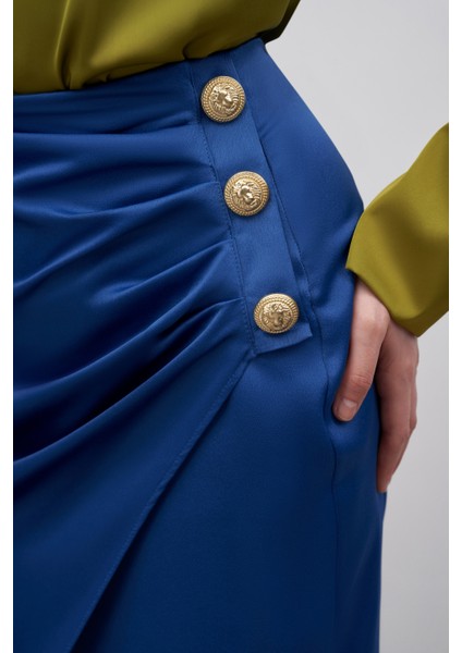 Düğme Aksesuarlı Saten Krep Etek - Indigo fırsatları