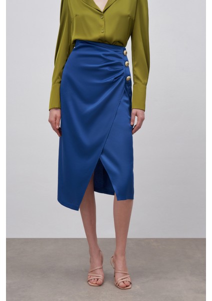 Düğme Aksesuarlı Saten Krep Etek - Indigo indirimleri