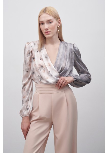 Çift Desenli Kruvaze Bodysuit Bluz - Gri