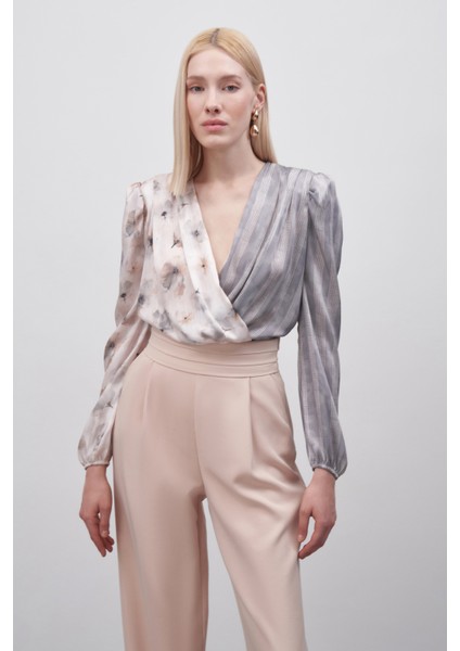 Çift Desenli Kruvaze Bodysuit Bluz - Gri