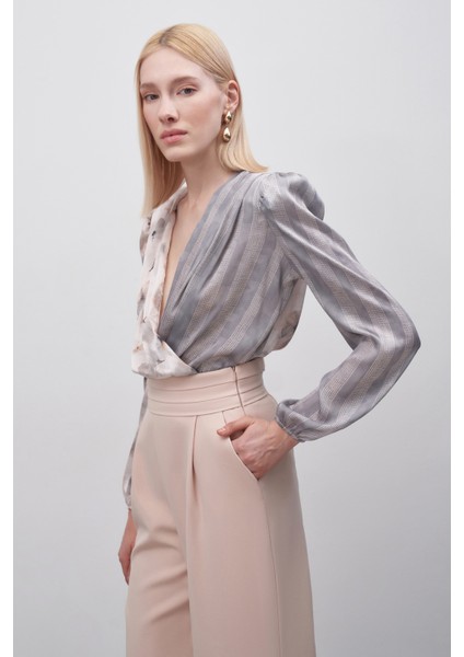 Çift Desenli Kruvaze Bodysuit Bluz - Gri