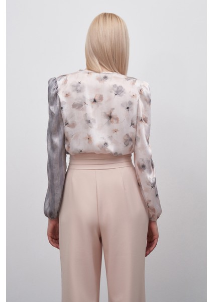 Çift Desenli Kruvaze Bodysuit Bluz - Gri