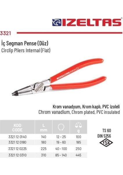 Izeltaş 40-100 mm Arası Düz Iç Segman Pensesi 3321 12 0225 fiyatları